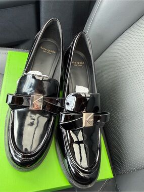 kate spade Black Patent Leather Loafers with Gold Accent